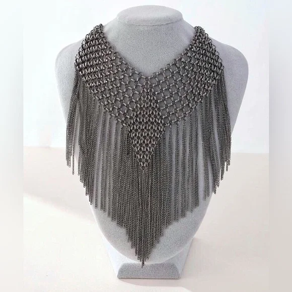 New Maximalist Chainmail Style Fringe Bib Statement Necklace - Picture 13 of 16